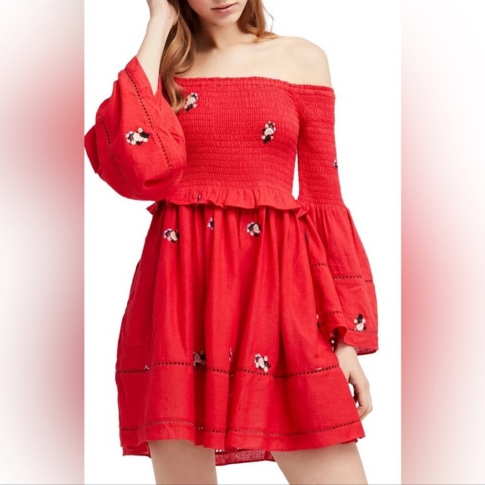 Free People Red Long Sleeve Dress with Floral Details